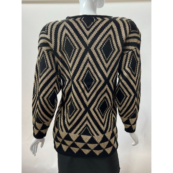 Destinee Vintage Abstract Tunic Sweater  Small Black, Gold Wool Blend - Picture 2 of 16